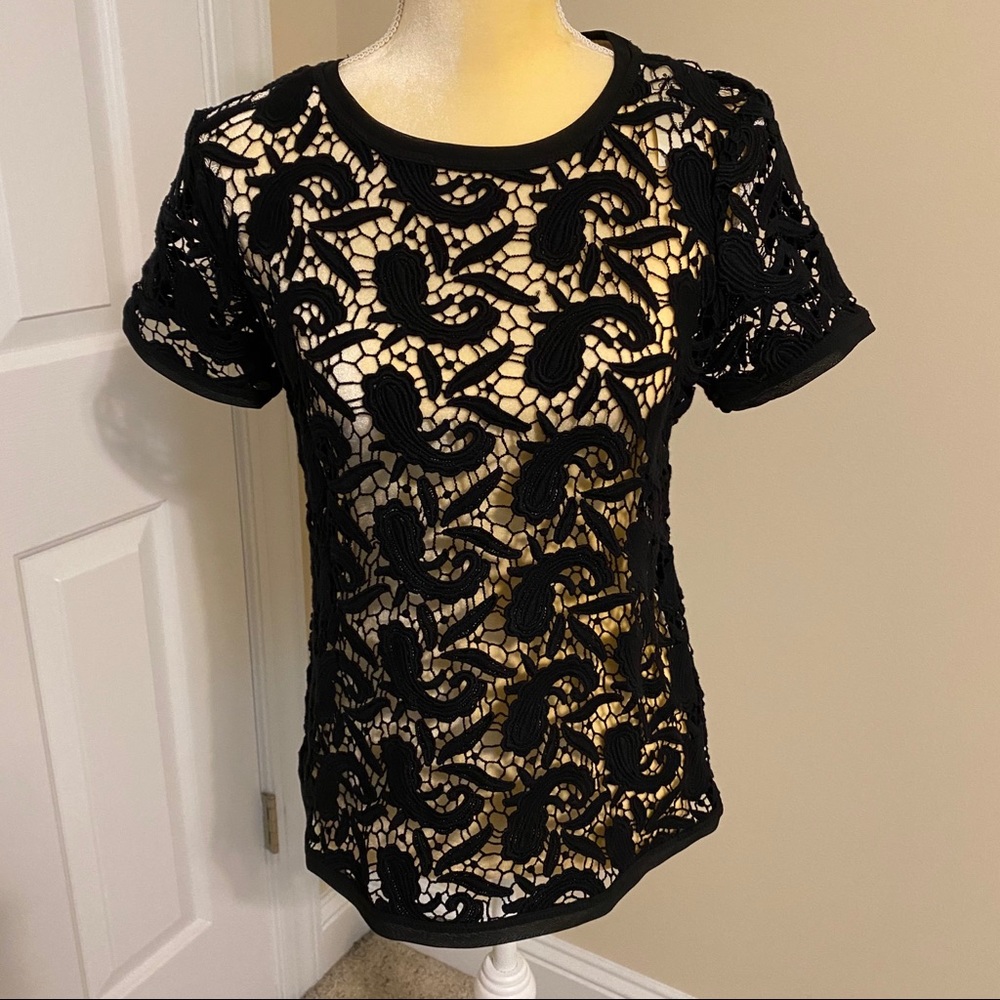 🎉2xHP🎉 LOFT Black Lace Overlay T-Shirt NWT Petite XS & S